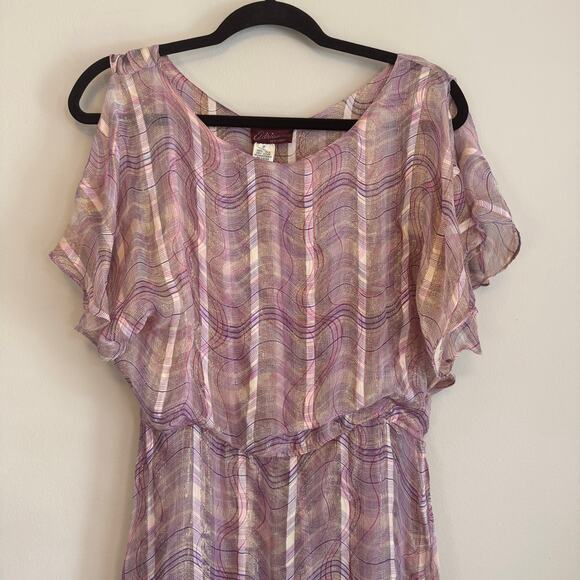 Vintage 90s Adrianna Maxi Dress Womens 8 Purple Midi Silk Metallic Flutter Sheer - Picture 4 of 10
